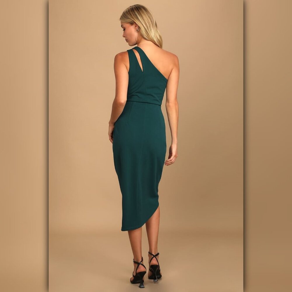 * A633 • Hunter Green One-Shoulder Cutout Asymmetrical Midi Dress - Picture 3 of 7